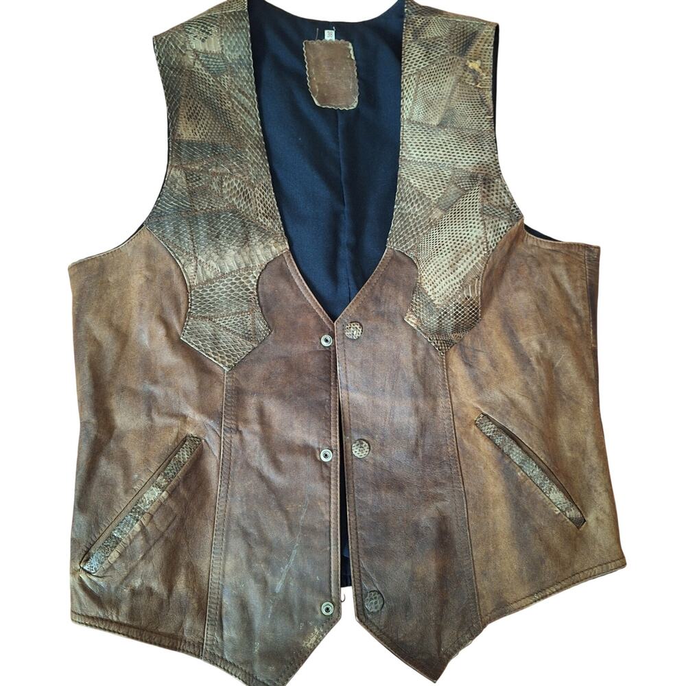Vintage 1970s Western Leather Patchwork Snakeskin Vest Python Yoke Brown Mens 38